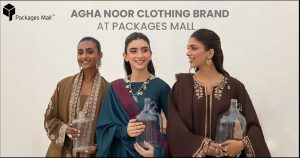 Agha Noor Women Clothing brand with three different womens display dresses in Lahore at Packages Mall